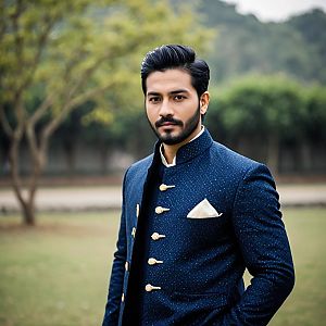 Man in Indo-Western Blue Sherwani with Beard in Outdoor Setting