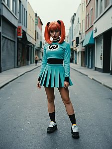 Confident Woman in Turquoise Skirt on Urban Street