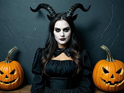 Woman in Black Halloween Costume with Horns and Jack-o-Lanterns