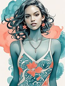 Young Woman with Floral Jewelry in Abstract Teal and Coral
