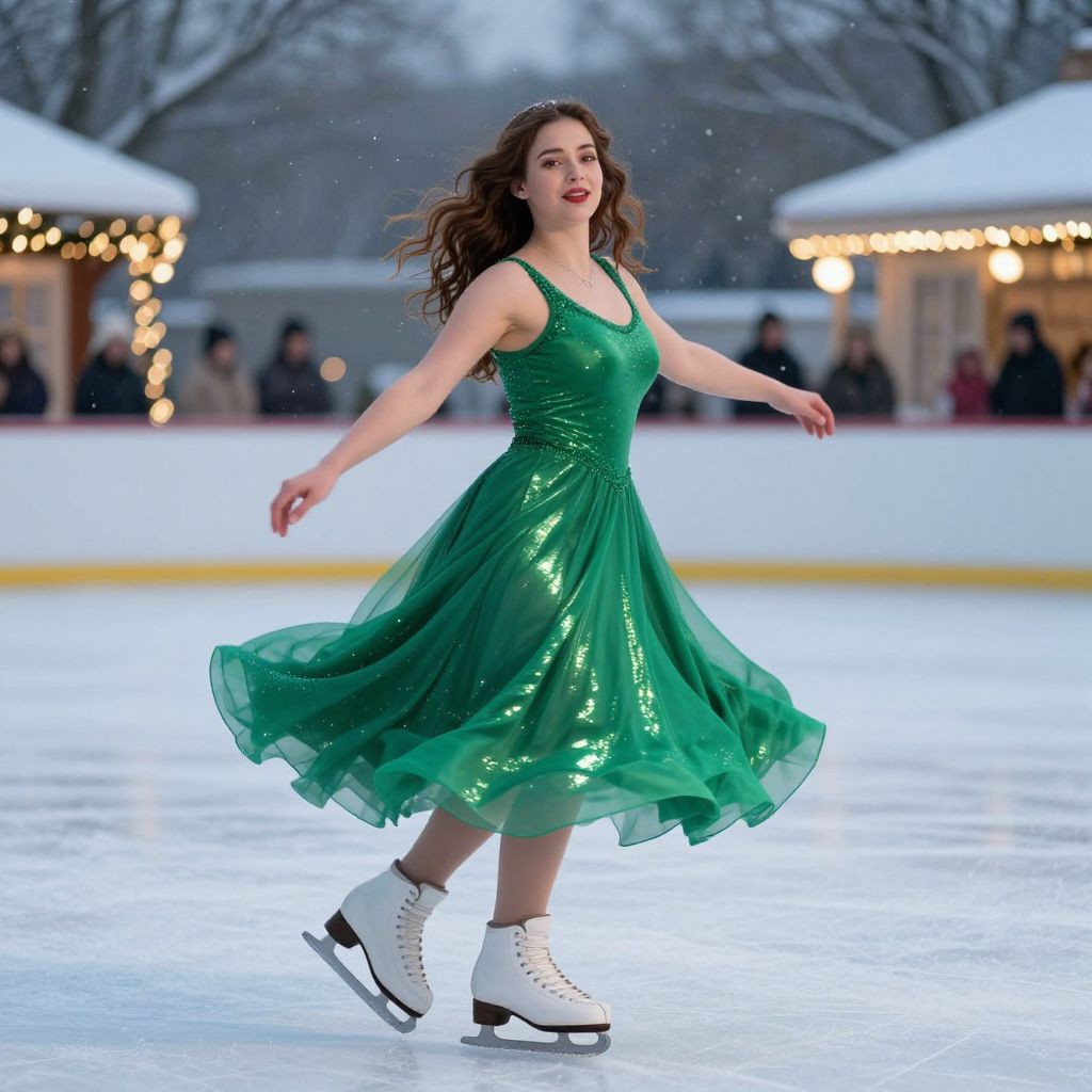Elegant Woman Ice Skating in Green Dress on Outdoor Ice Rink