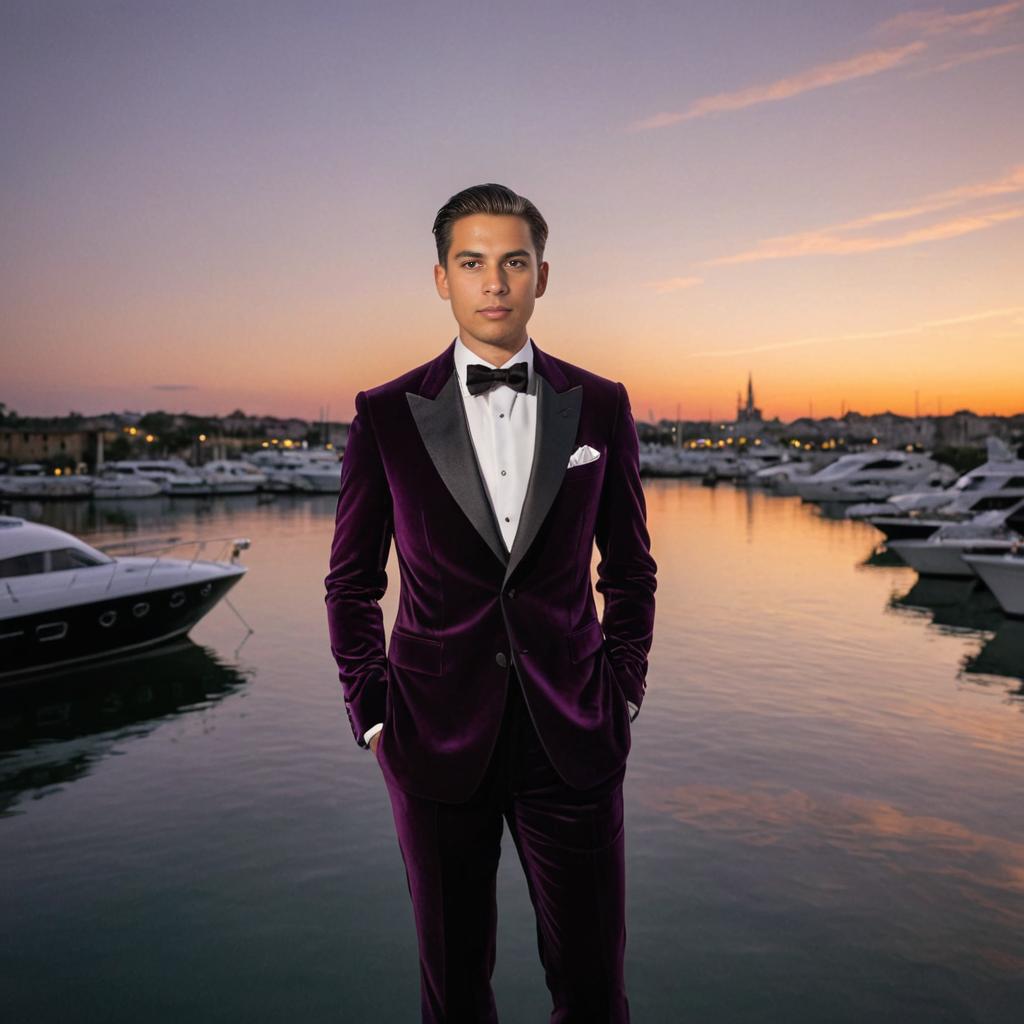 Confident Man in Velvet Suit at Sunset Harbor