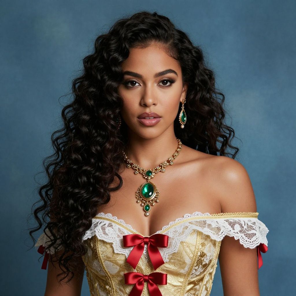 Elegant Woman in Gold Corset with Emerald Jewelry and Curly Hair