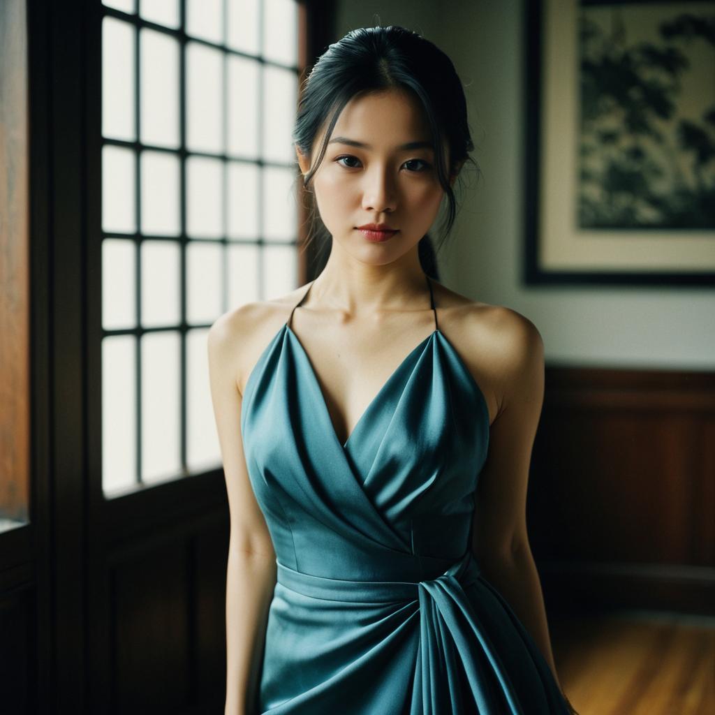 Young Woman in Teal Satin Dress by Window Young Woman in Teal Satin Dress by Window