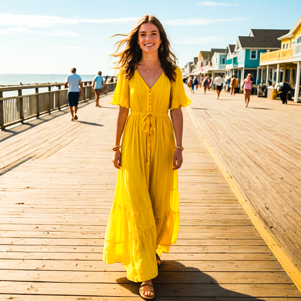 Cheerful woman in yellow dress on boardwalk