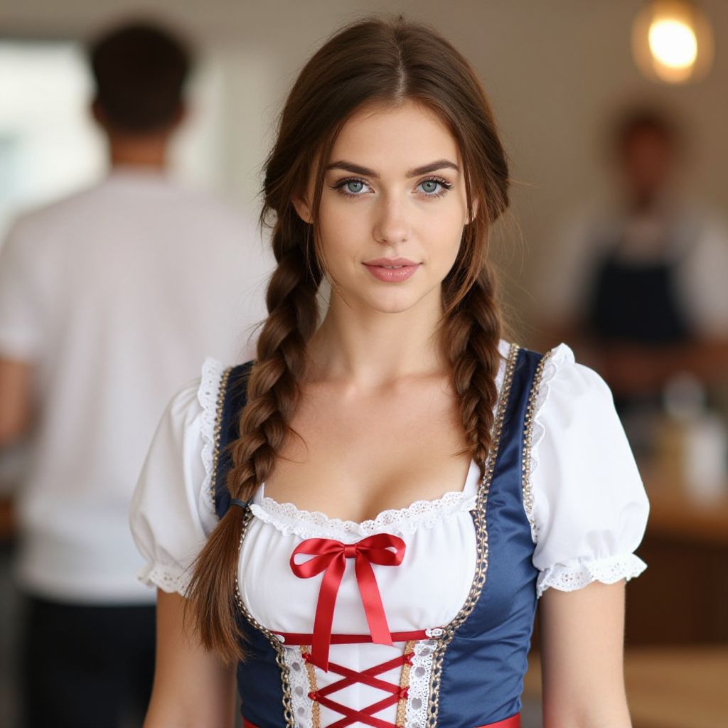 Young Woman in Traditional Bavarian Dirndl Dress with Braids