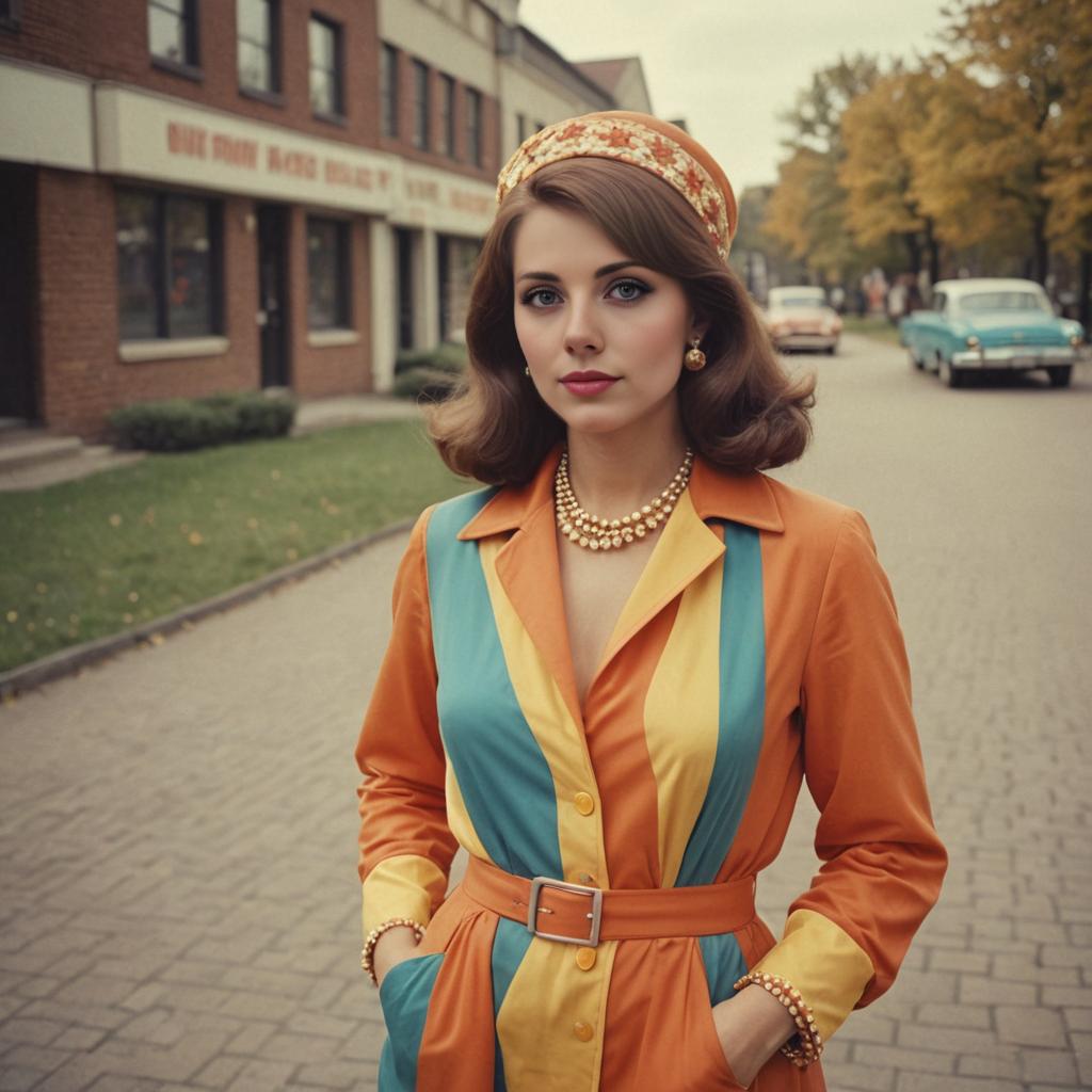 1960s Woman in Vibrant Costume with Vintage Backdrop