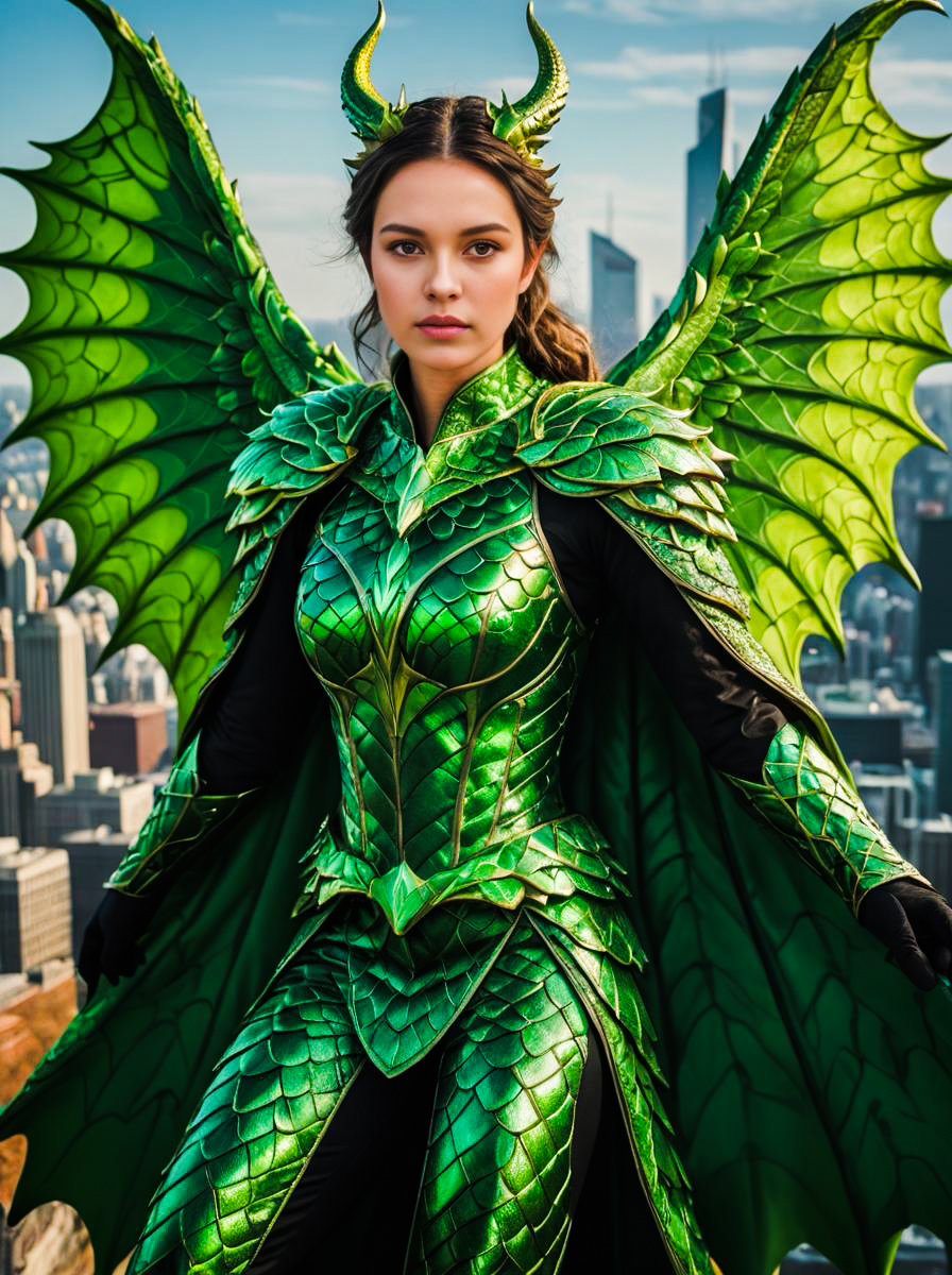 Woman in Green Dragon Costume Against City Skyline