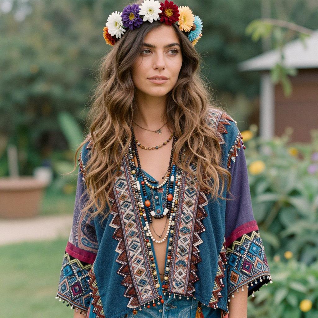 Bohemian Woman with Flower Crown and Beaded Jewelry Outdoors