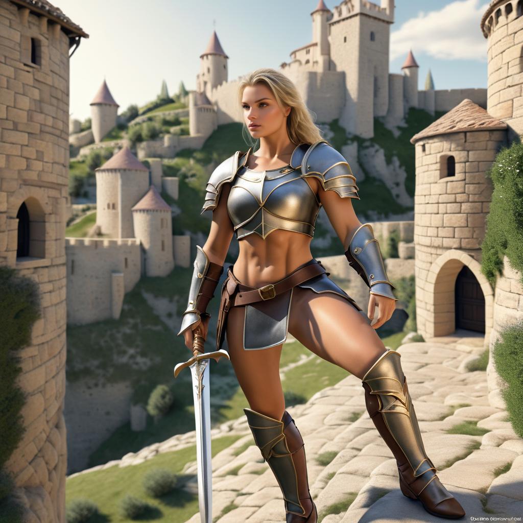 Powerful Female Warrior in Medieval Landscape