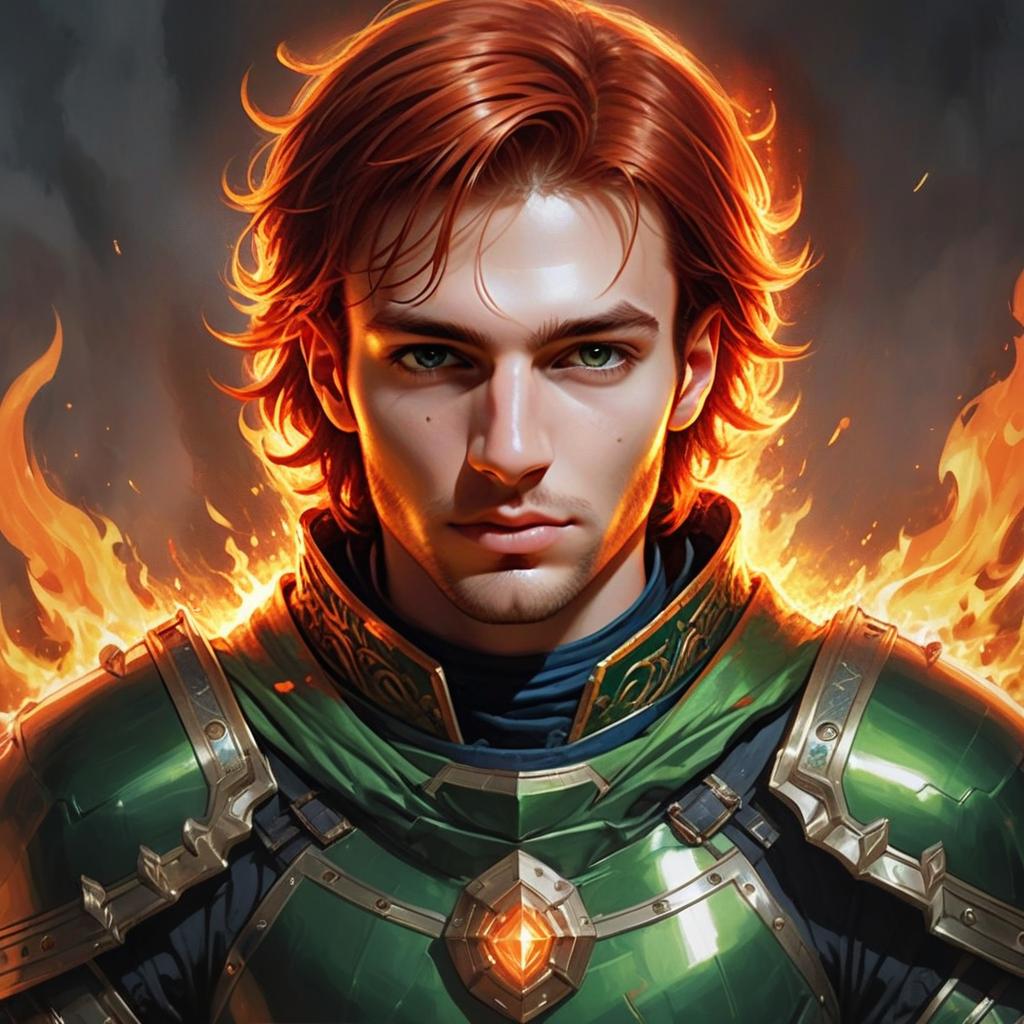 Fantasy Portrait of a Young Warrior in Green Armor with Fiery Background