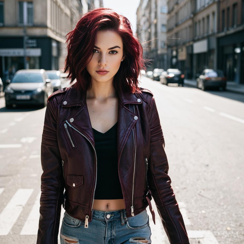 Young Woman in Maroon Leather Jacket on Urban Street