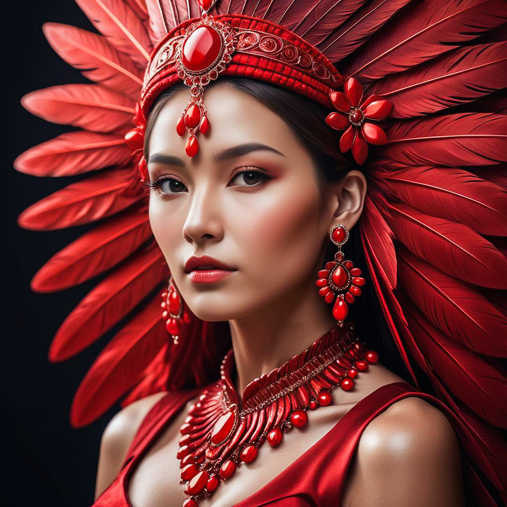 Elegant Woman in Red Feather Headdress Elegant Woman in Red Feather Headdress