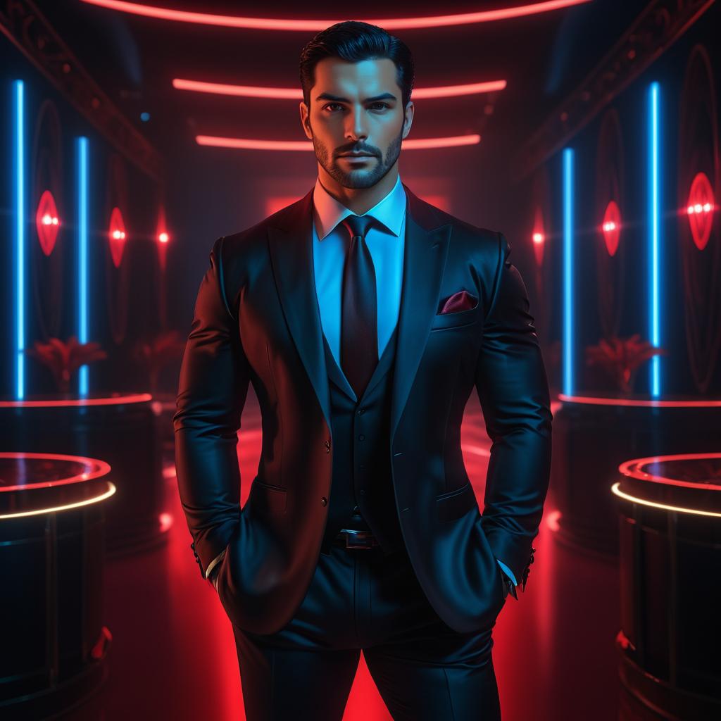 Charismatic Man in Black Suit in Neon Lights