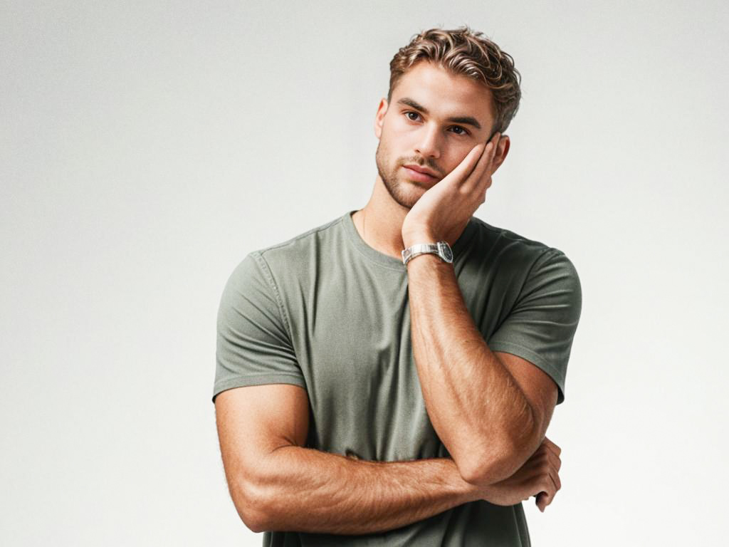 Thoughtful Young Man in Minimalist Studio