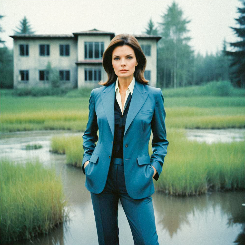 Confident Woman in Blue Suit Amidst Misty Greenery