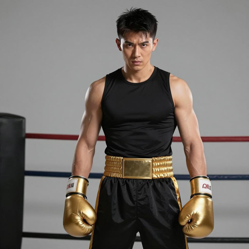 Focused Male Boxer in Gold Gloves and Black Training Outfit in Boxing Ring
