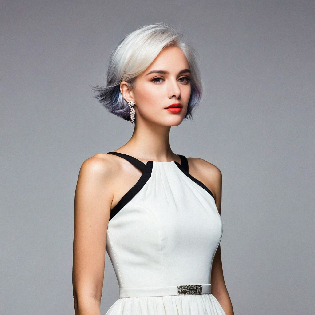 Stylish Woman in White Dress with Platinum Blonde Hair Stylish Woman in White Dress with Platinum Blonde Hair