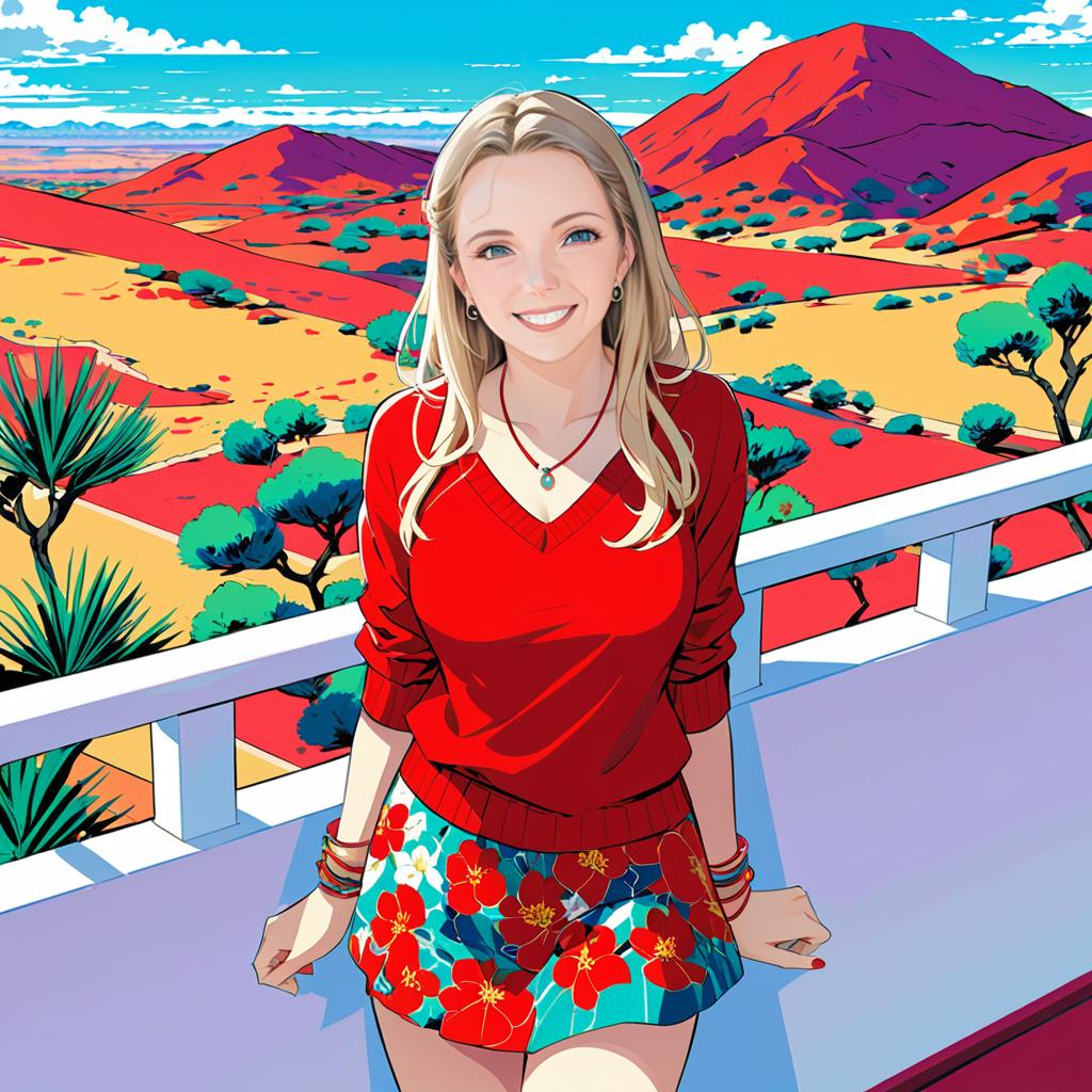 Smiling Woman in Red Sweater on Balcony with Desert View