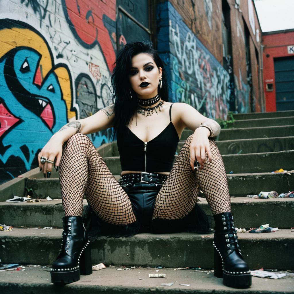 Urban Punk Woman Sitting on Graffiti-Covered Steps in Goth Fashion