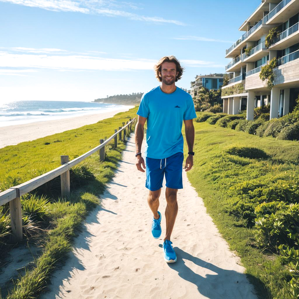 Fit man walking on beach path in blue shirt