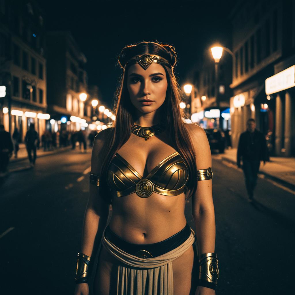 Woman in Golden Warrior Costume on Nighttime Urban Street