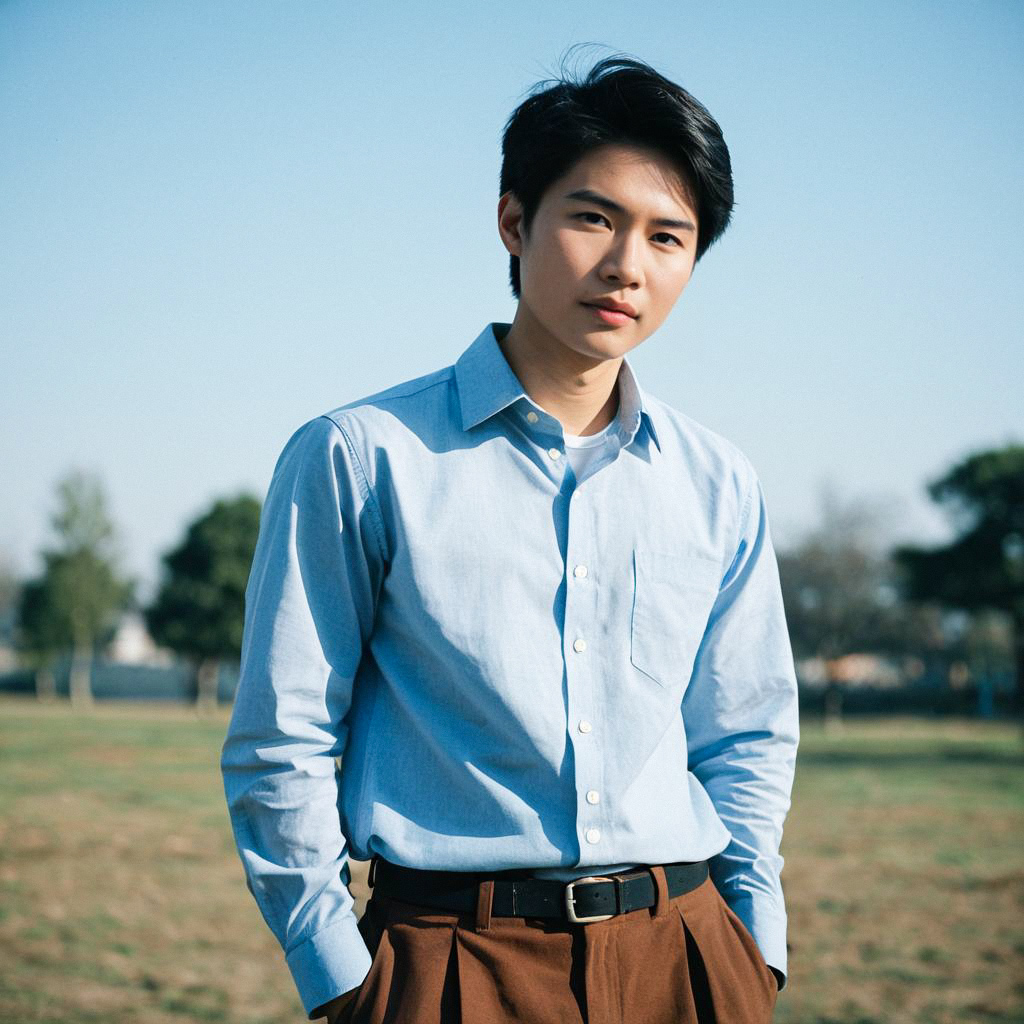 Young Man in Light Blue Shirt at Park Young Man in Light Blue Shirt at Park
