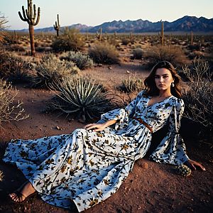 Woman in Floral Dress in Desert Landscape at Dusk