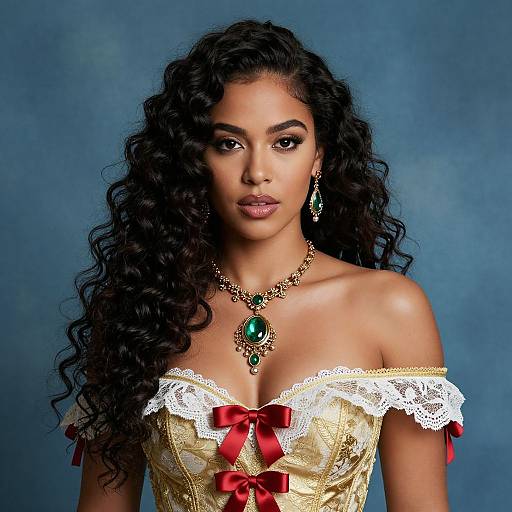 Elegant Woman in Gold Corset with Emerald Jewelry and Curly Hair