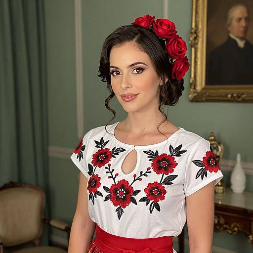 Woman in Traditional Embroidered Blouse with Red Floral Headpiece