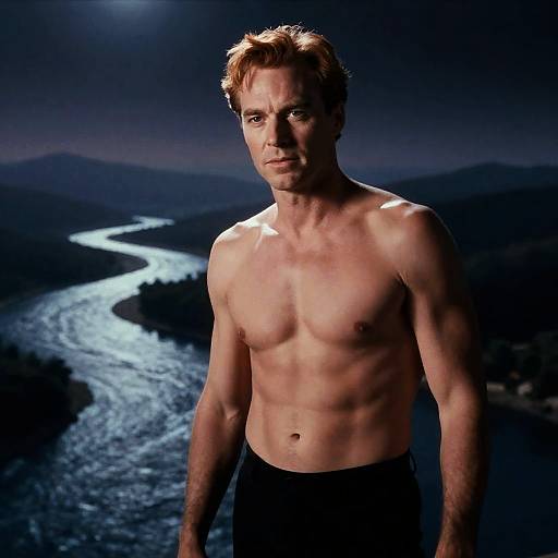 Shirtless Man with Red Hair by Winding River at Night