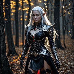 Dark Elf Warrior Woman in Fantasy Armor Standing in Autumn Forest