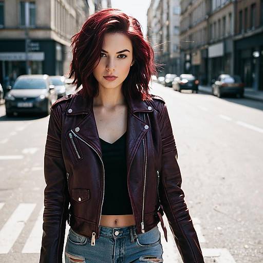 Young Woman in Maroon Leather Jacket on Urban Street