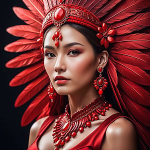Elegant Woman in Red Feather Headdress