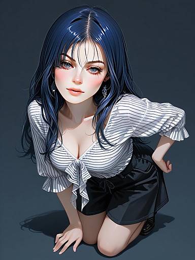 Realistic Digital Art of Woman in Casual Chic Striped Blouse and Black Skirt Full Body