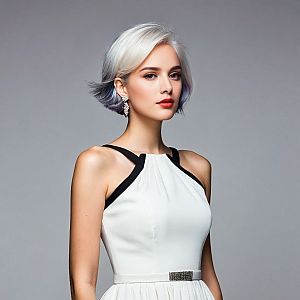 Stylish Woman in White Dress with Platinum Blonde Hair