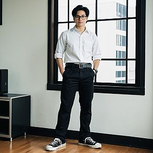 Young man in casual polished outfit by large window