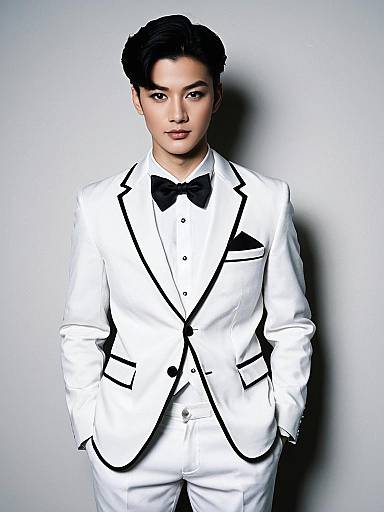 Stylish Man in White Tuxedo Mask-Inspired Costume with Black Trim