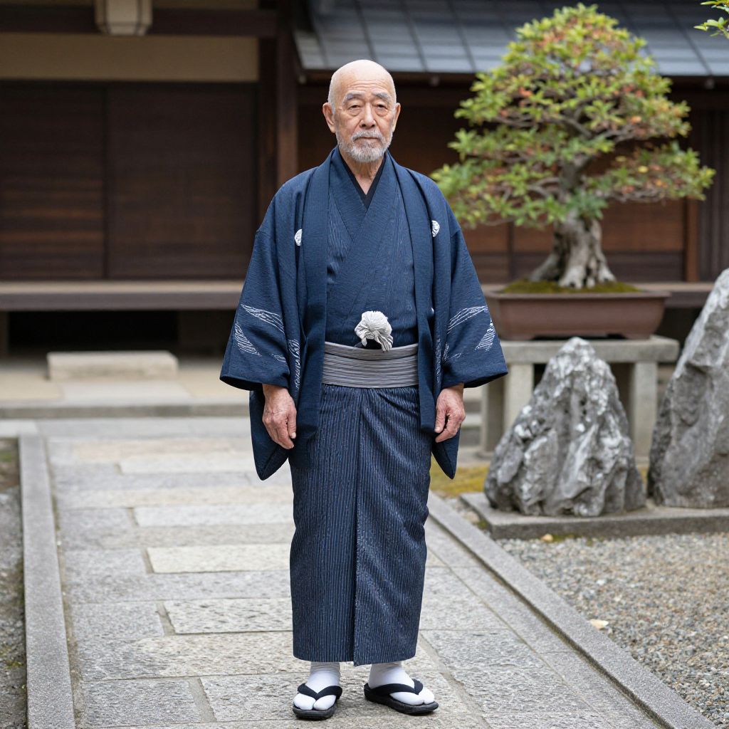 Elderly Man in Traditional Dark Blue Kimono in Japanese Garden