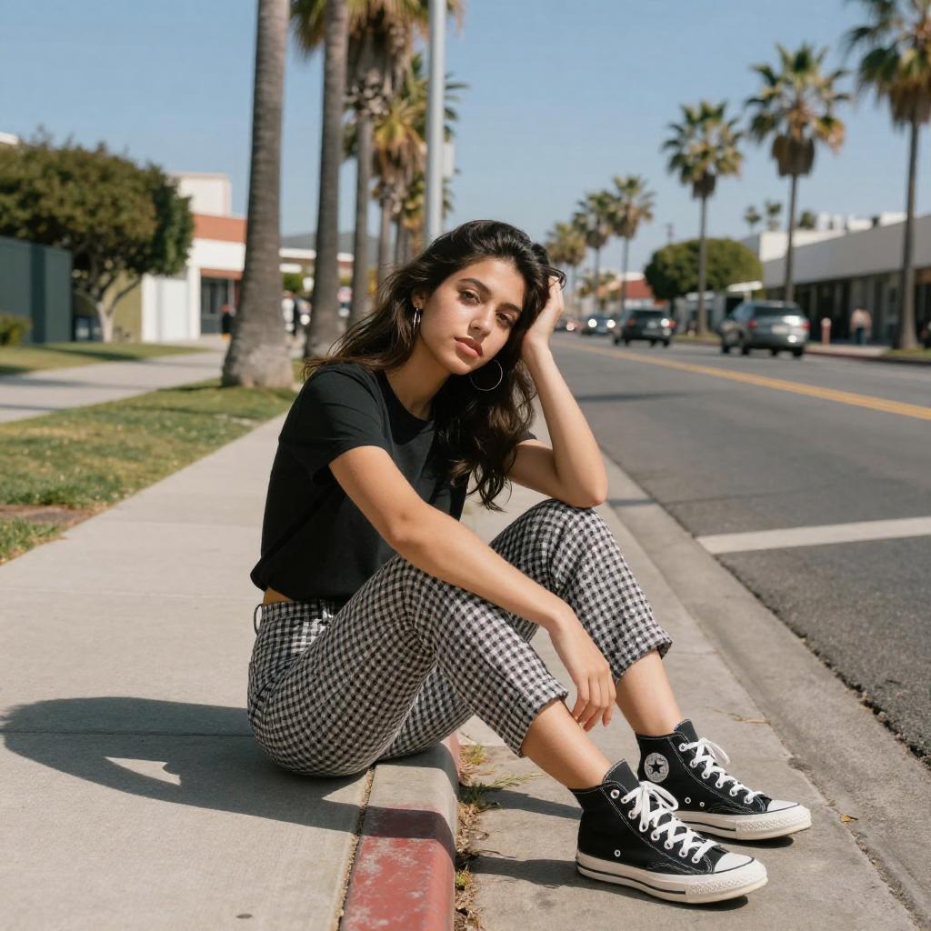Gen Z Woman Sitting on Sidewalk Wearing Casual Urban Outfit