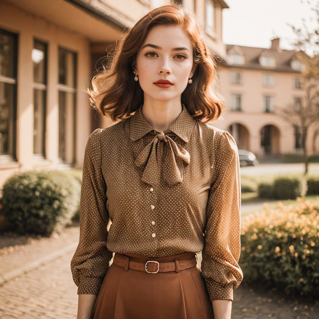 Retro Style Woman in Brown Polka Dot Blouse Outdoors