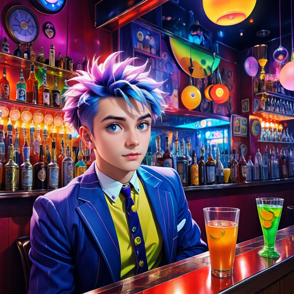 Anime Man with Blue and Purple Hair at a Colorful Bar