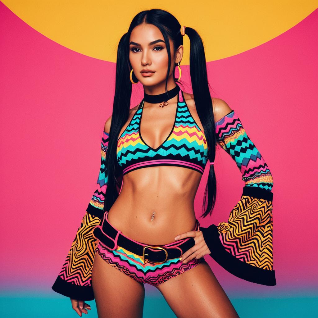 Retro 1970s Style Woman in Colorful Zigzag Pattern Outfit