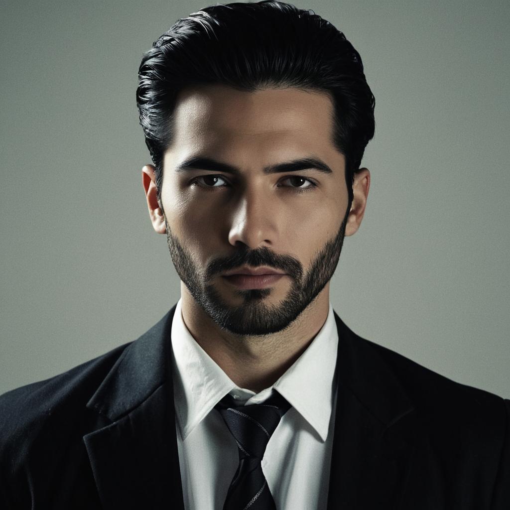 Confident man in black suit with vintage gangster style
