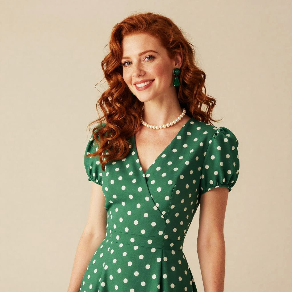 Red Haired Woman in Green Polka Dot Vintage Style Dress