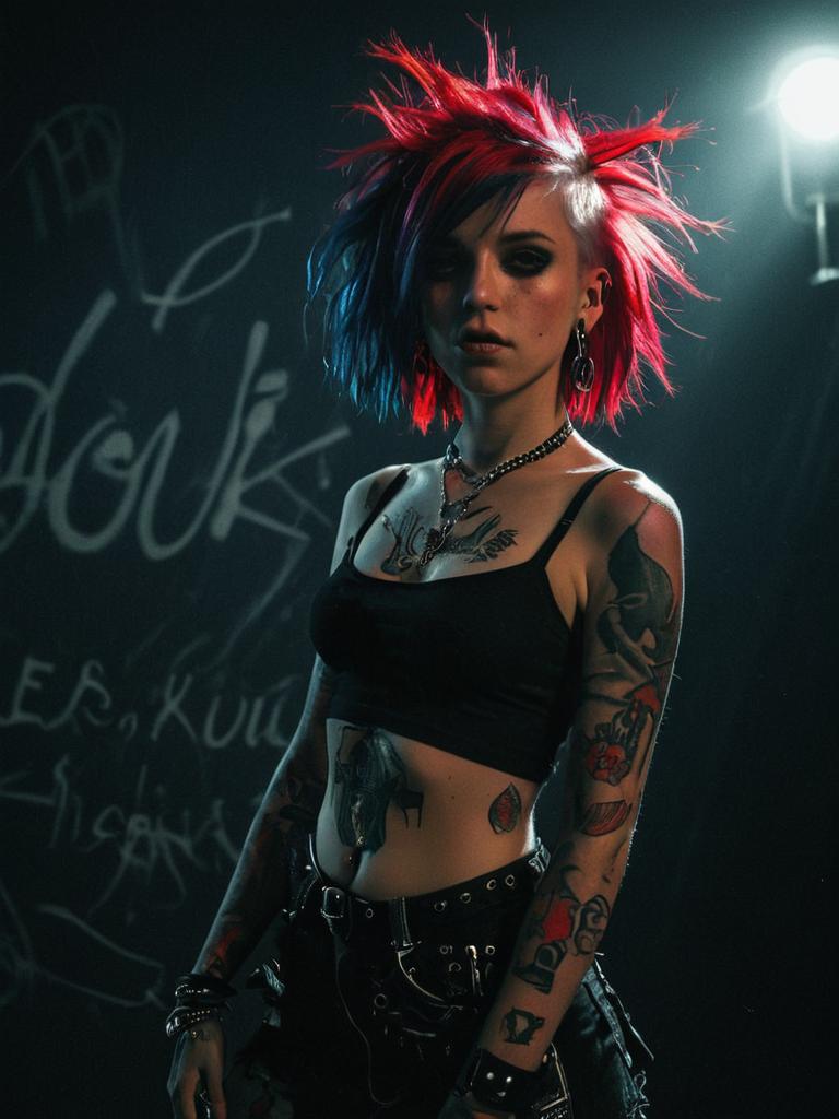 Edgy Punk Rock Woman with Red Blue Mohawk and Tattoos
