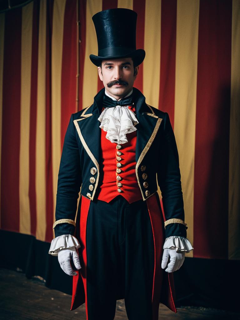 Man in Vintage Circus Ringmaster Costume with Top Hat and Tailcoat