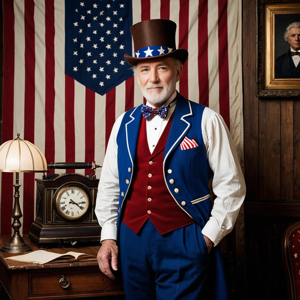 Patriotic Elderly Man in Uncle Sam Outfit with Vintage American Flag Background Patriotic Elderly Man in Uncle Sam Outfit with Vintage American Flag Background