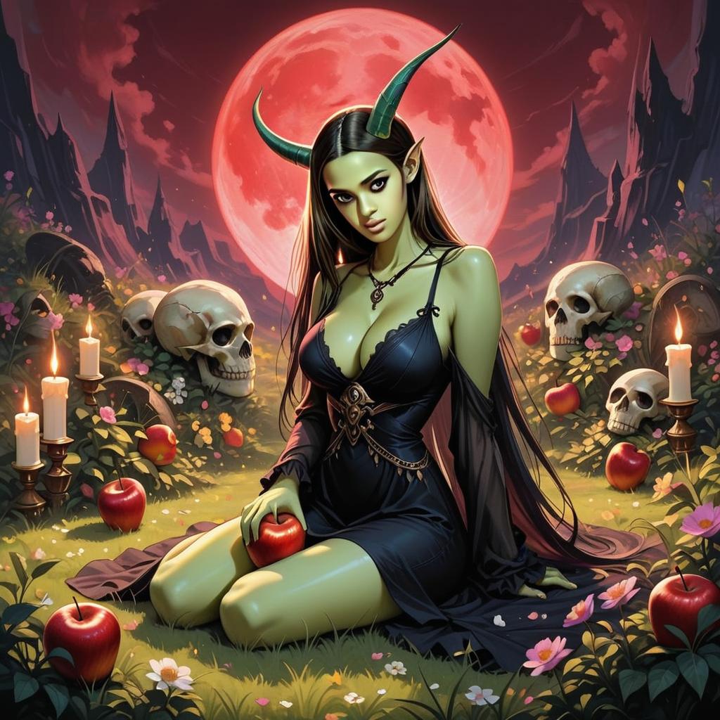 Mystical Woman with Green Skin and Horns Under Red Moon