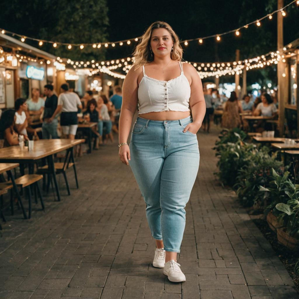 Confident Woman in Casual Chic at Vibrant Outdoor Market